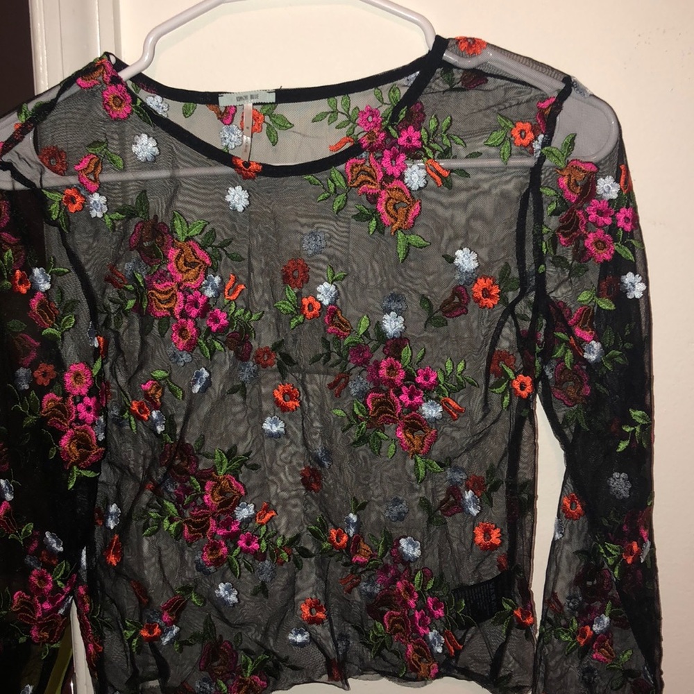 Black mesh embroidered long sleeve